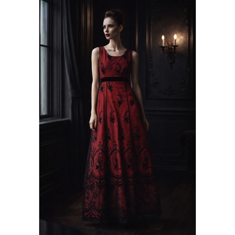 Coldwater Creek‎ Whimsigoth Maxi Dress 6 Velvet Mesh Red Black Sparkle Vamp